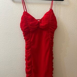 privy Red Ruched Spaghetti Strap Dress